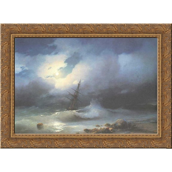 Rough sea at night 24x20 Gold Ornate Wood Framed Canvas Art by Aivazovsky, Ivan