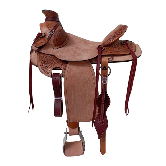 Roughout Brown Leather Western Wade Tree Horse Saddle Floral Carved Hard Seat 10" With Tack set