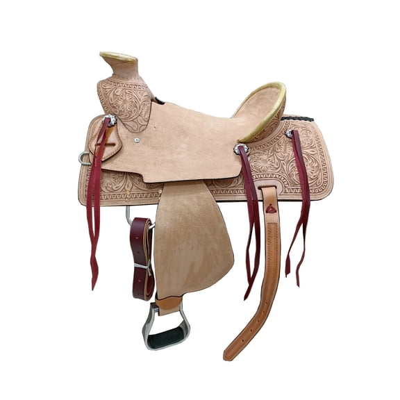 Roughout Leather Western Wade Tree Horse Saddle Floral Hand Carved Hard Seat 16" Inch