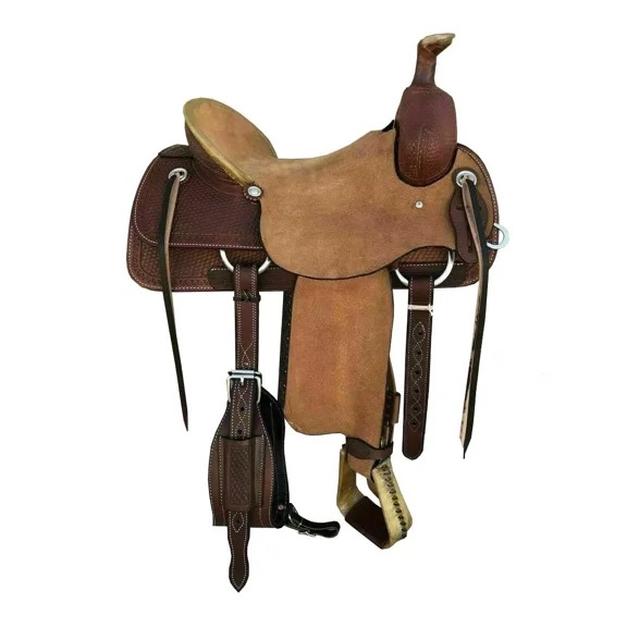 Roughout Leather Western Wade Tree Horse Saddle Floral Hand Carved Hard Seat 18" Inch