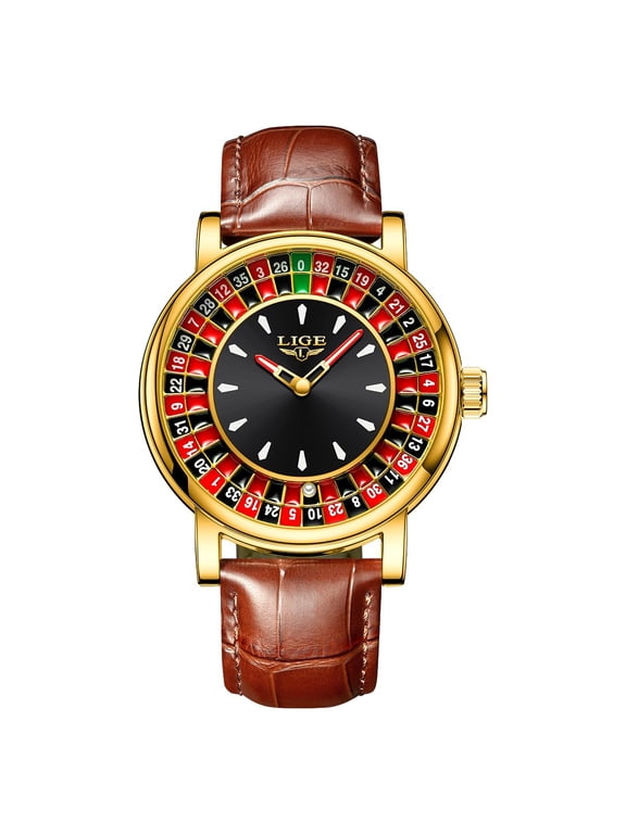 Roulette Watch for Men Unique Rotating Dial Quartz Analog Watch Big Face Waterproof Luminous Leather Strap Fashion Wrist Watch