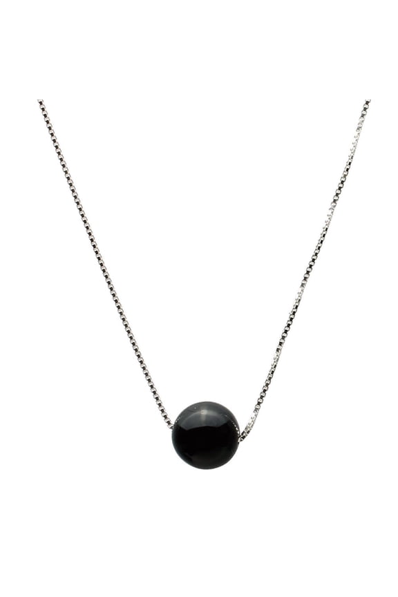 Round 10mm Black Onyx Stone Station Sterling Silver Box Chain Necklace 16"+2"
