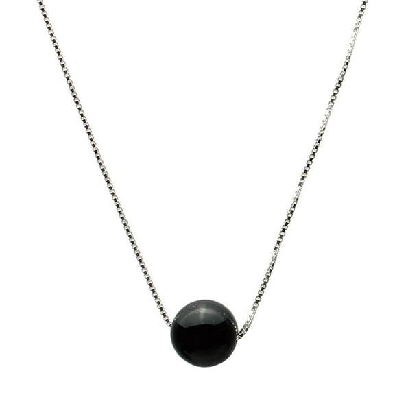Round 10mm Black Onyx Stone Station Sterling Silver Box Chain Necklace 16"+2"