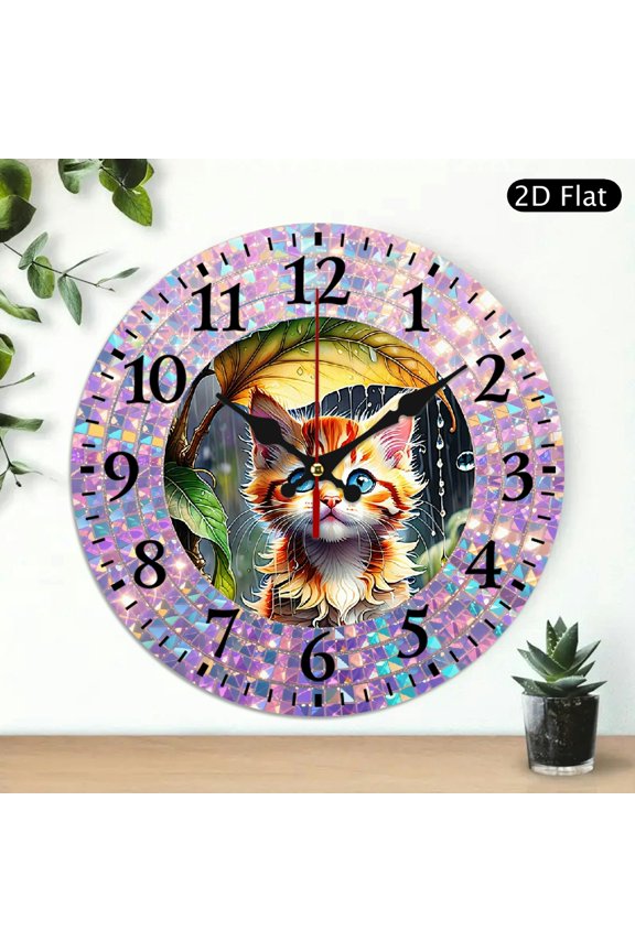 Round 10x10 Inch Decorative Digital Wall Clock Featuring Cute Orange and White Kitten Under Leaf Raindrop Mosaic Border 1pc Battery Not Included