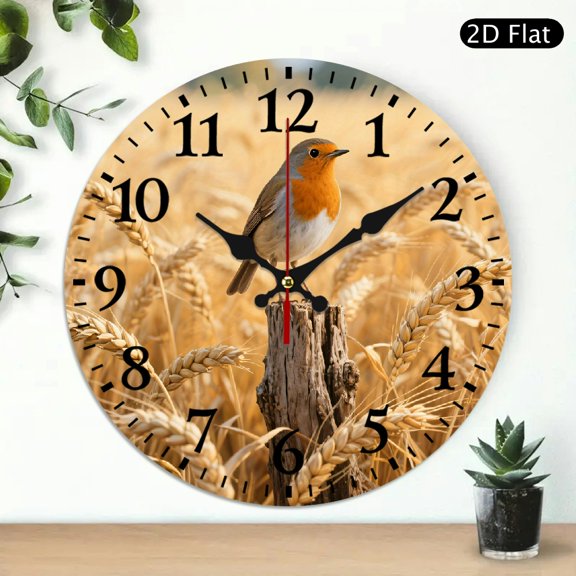 Round 10x10 Inch Digital Wall Clock Featuring European Robin on Wheat Field Fence Post, Battery Not Included