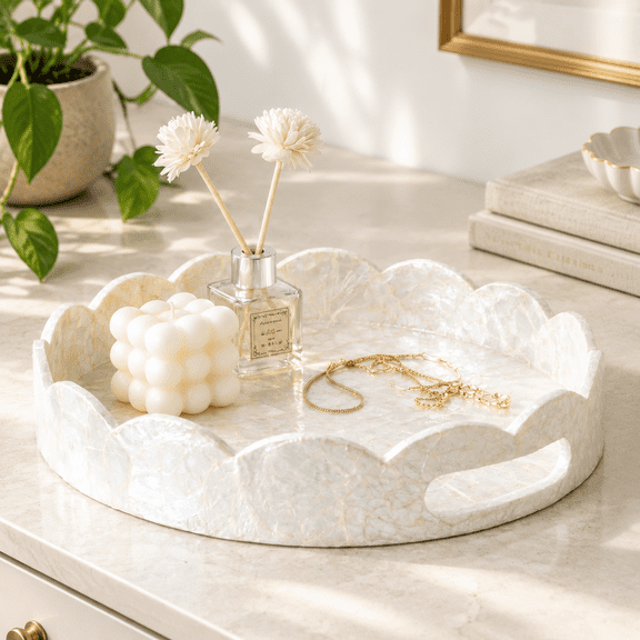 Round 12.6" Capiz Scalloped Decorative Tray for Coffee Table and Home Decor