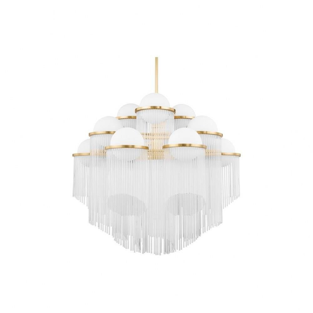 Aged Brass and Glass 12-Light Chandelier with Clear Rods