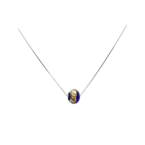 Round 12mm Blue Murano-style Glass Bead Station Sterling Silver Box Chain Necklace 16"+2" Extender