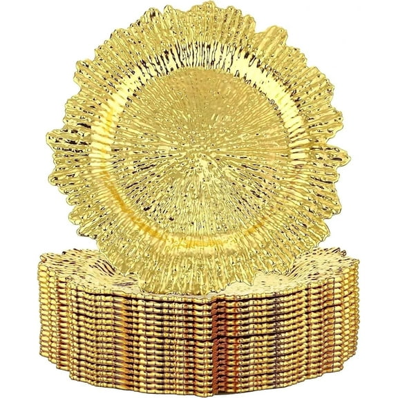 Round 13" Gold Charger Plates, Set of 6, Reef Plate Chargers for Dinner Plates, Plastic Table Chargers for Wedding, Thanksgiving, Christmas (Gold, 6 Pack)