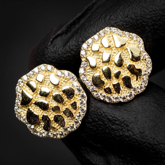 Round 14K Yellow Gold Plated 925 Sterling Silver Screw Back Post Circle Big 90's Hip Hop Ice Out Solid Gold Nugget Stud Earrings