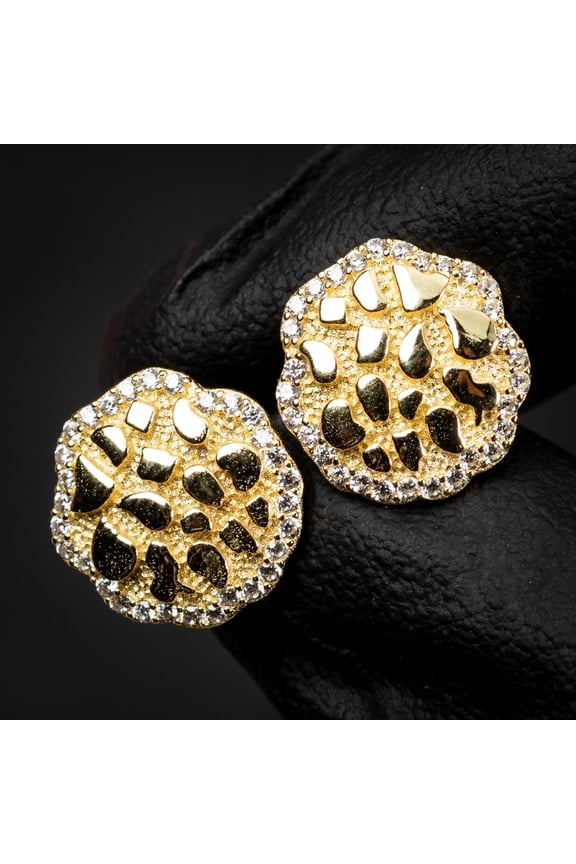 Round 14K Yellow Gold Plated 925 Sterling Silver Screw Back Post Circle Big 90's Hip Hop Ice Out Solid Gold Nugget Stud Earrings
