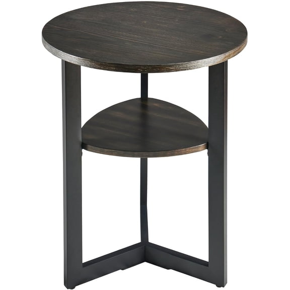 Round 19" End Table for Living Room, Modern Retro Rustic Circle Sofa Side Table, Accent Desk with Oval-Triangle Storage Shelf, Brushed Black Finnish Pine Veneer Textured Top & Black Metal Legs