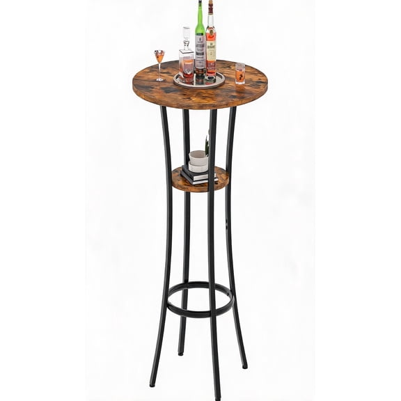 Round 2-Tier Bar Table for Bistro Pub Kitchen Living Room Rustic Brown and Black