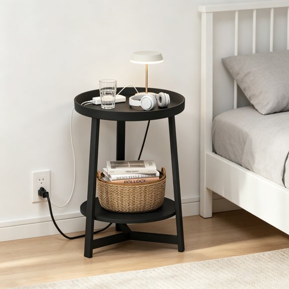 Round 2-Tier Industrial Side Table Charging Station, USB/Outlet, Black Nightstand for Small Spaces, Living Room, Bedroom