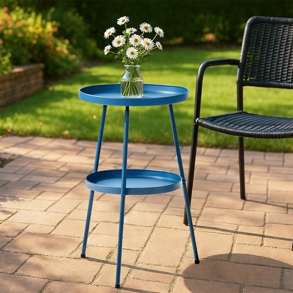 Round 2-Tier Small Side Table, Navy Blue Metal Frame, 12.6 Inch Diameter Compact End Table, Adjustable Non-Slip Feet, Indoor Outdoor Table for Living Room Bedroom Patio Balcony