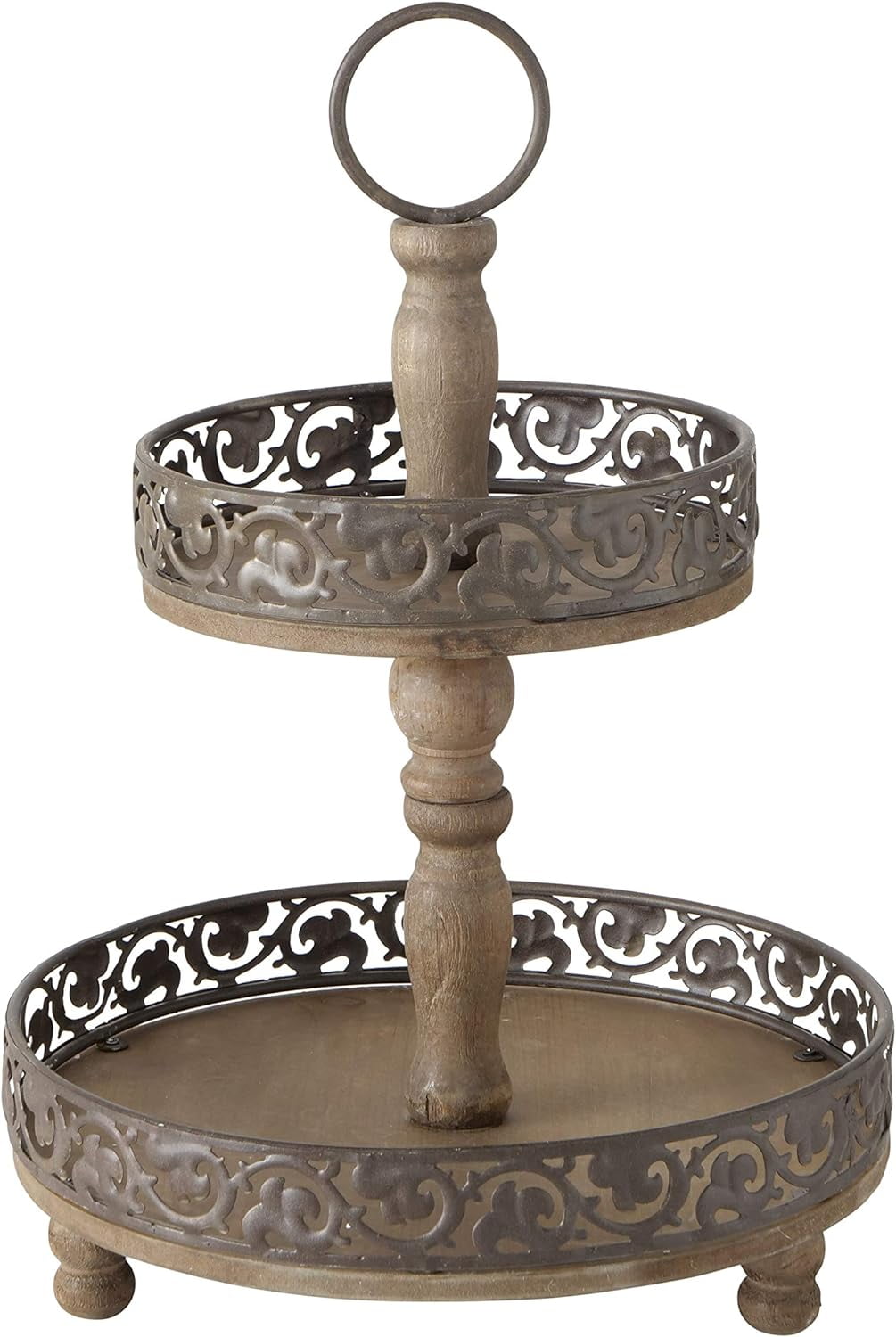 Round 2 Tier Stand, Cake Display Trays, Vintage Farmhouse Style, Wood and Metal, Rustic Nut Brown, 11.75 D x 17.75 H Inches (H 45 cm)