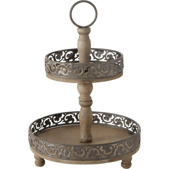 Round 2 Tier Stand, Cake Display Trays, Vintage Farmhouse Style, Wood and Metal, Rustic Nut Brown, 11.75 D x 17.75 H Inches (H 45 cm)
