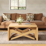 Round 2-in-1 Transformer Coffee Table, Height Adjustable 16.5 to 29.5, 34.5 Solid Rubber Wood Round Cocktail Table for Living Room
