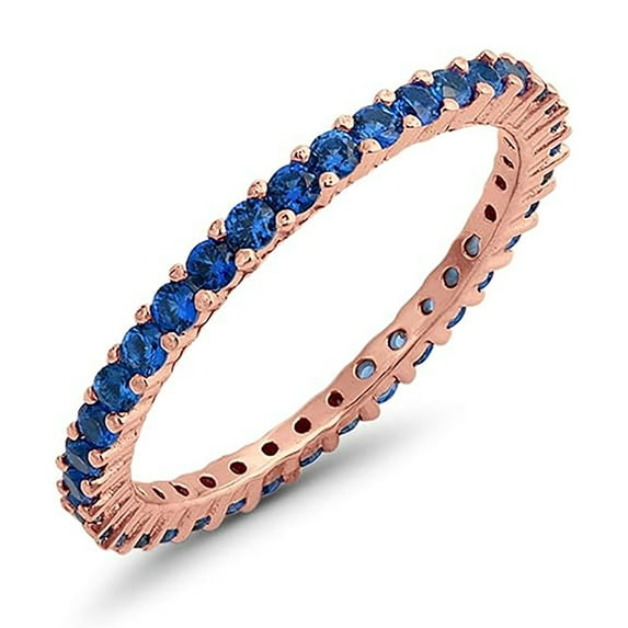 Round 2 mm Blue Sapphire Full Eternity Band Ring Dainty Ring 925 Sterling Silver Rose Gold Plated Gemstone Jewelry For Women Gift