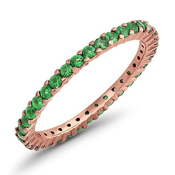 Round 2 mm Green Emerald Full Eternity Band Ring Stackable Ring 925 Sterling Silver Rose Gold Plated Gemstone Jewelry For Women Gift By KIRAN FINE JEWELS
