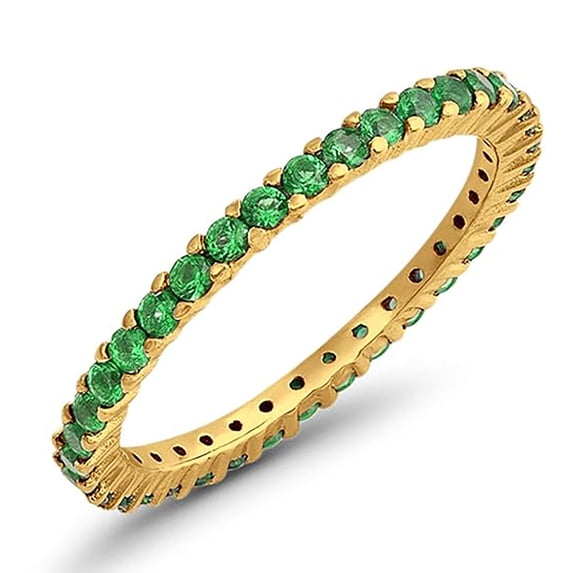 Round 2 mm Green Emerald Full Eternity Band Ring Stackable Ring 925 Sterling Silver Yellow Gold Plated Gemstone Jewelry For Women Gift By KIRAN FINE JEWELS