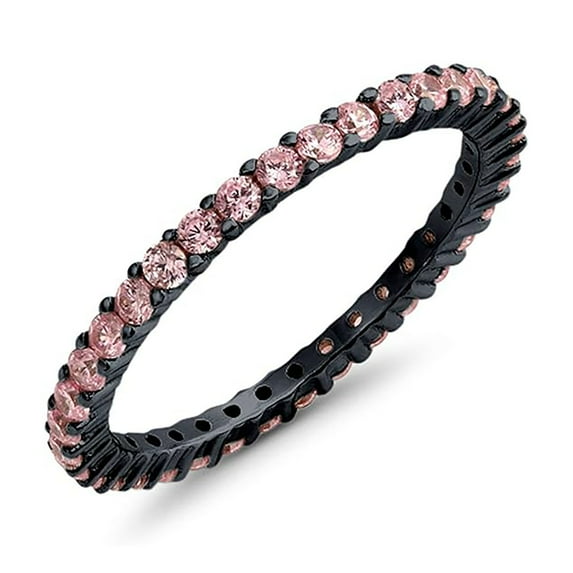 Round 2 mm Pink CZ Diamond Full Eternity Wedding Band Ring Stackable Ring 925 Silver Black Rhodium Gemstone Jewelry For Women Gift By KIRAN FINE JEWELS