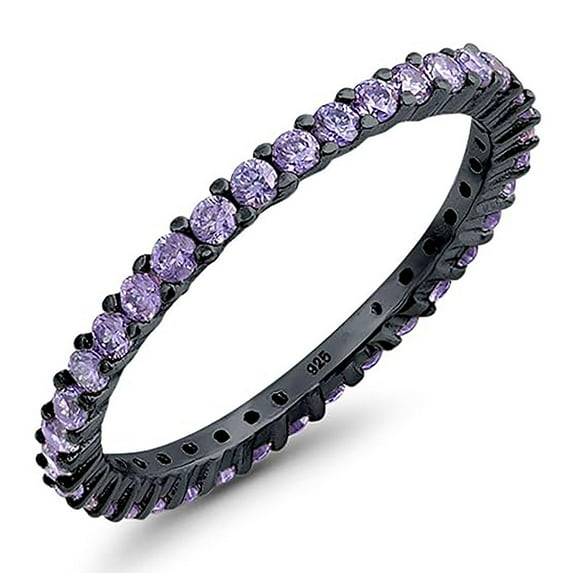 Round 2 mm Purple Amethyst Full Eternity Band Ring Stackable Ring 925 Silver Black Rhodium Gemstone Jewelry For Women Gift By KIRAN FINE JEWELS
