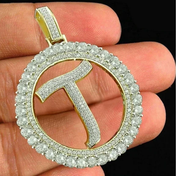 Round 2Ct Lab Created Initial Letter "T" Pendant 14K Yellow Gold Plated