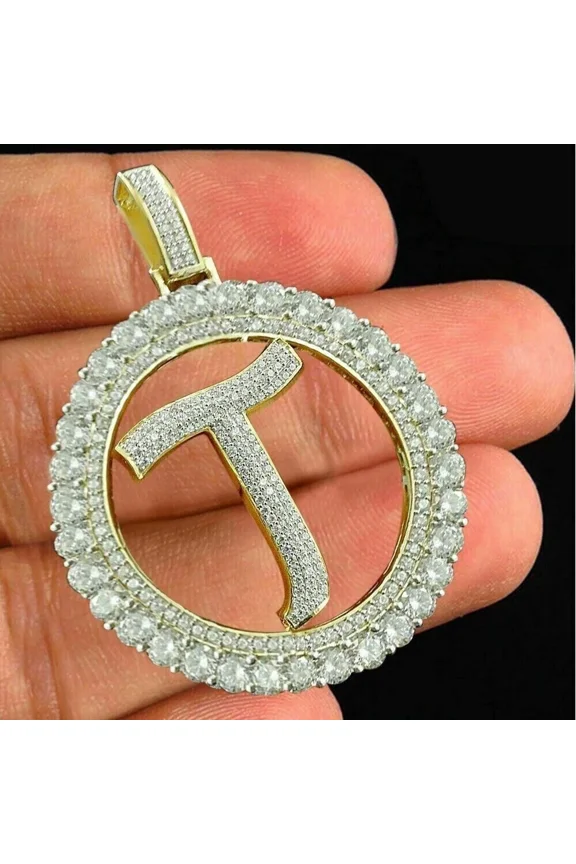 Round 2Ct Lab Created Initial Letter "T" Pendant 14K Yellow Gold Plated