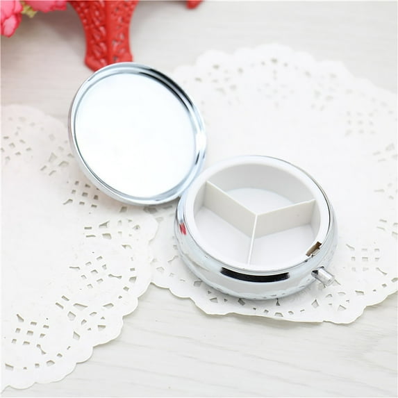 Round 3-Compartment Metal Pill Box for Travel, Compact Medicine Storage Case for Pocket or Purse, Durable and Lightweight, Multicolor, VINOIC