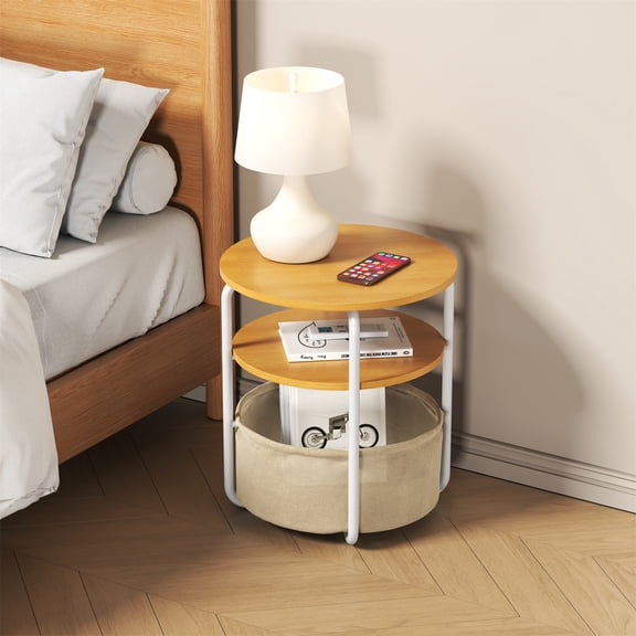 Round 3-Tier Nightstand with Fabric Storage Basket, Wooden Top Side End Table for Bedroom, Living Room, Small Spaces
