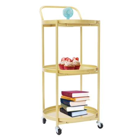 Round 3-Tier Rolling Bar Cart, Metal Frame Serving Cart with Wheels Handle, Mobile Storage Carts for Kitchen Dining Room Living Room