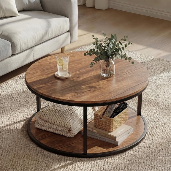 Round 36 Inch 2-Tier Coffee Table With Storage Shelf, Brown Wood Finish