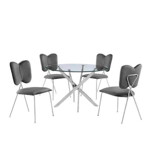 Round 45" x 45" 5pc Clear Glass Dinette Set with Dark Gray Chairs