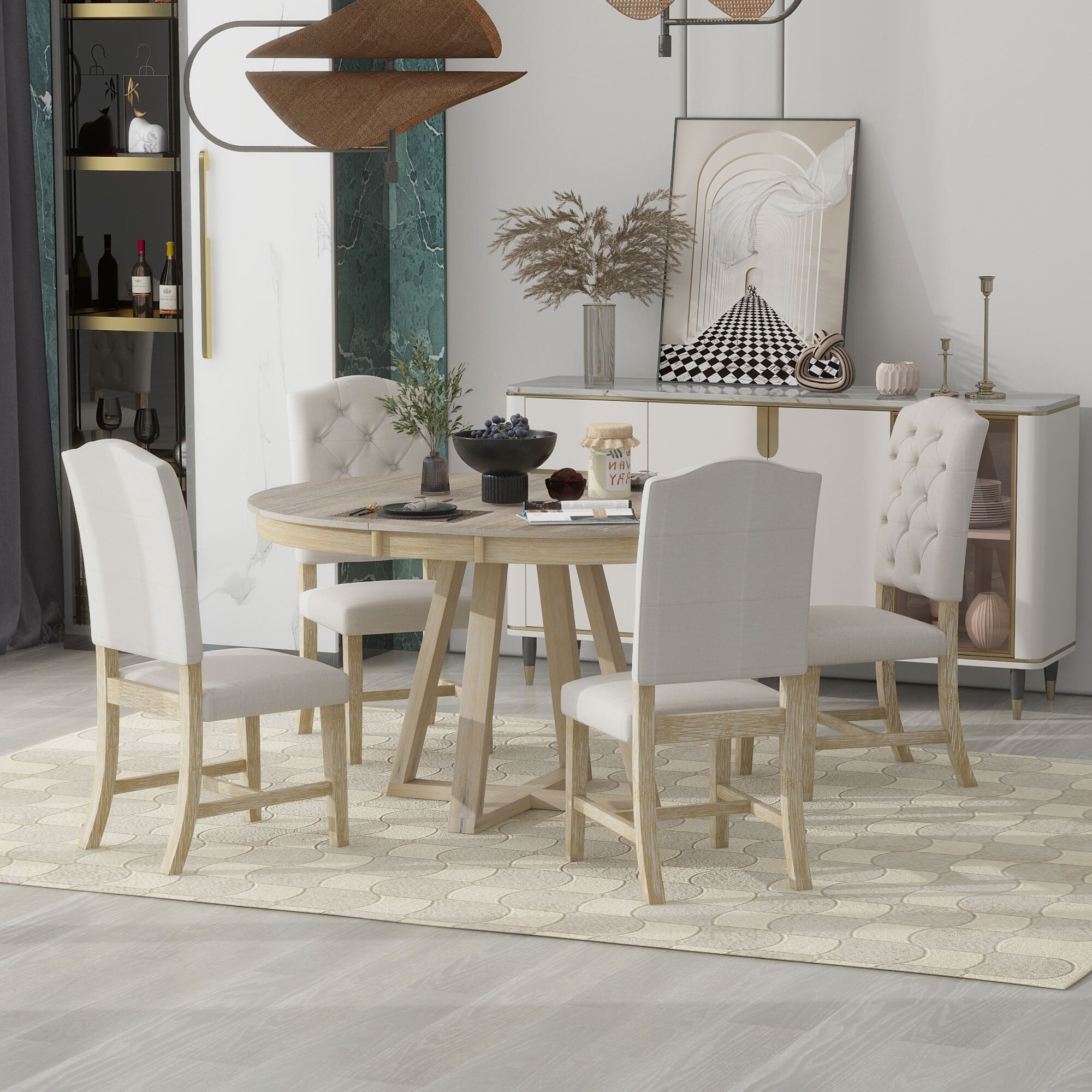 Round 5-Piece Wood Extendable Dining Table Set with Upholstered Armless Dining Chairs and ...
