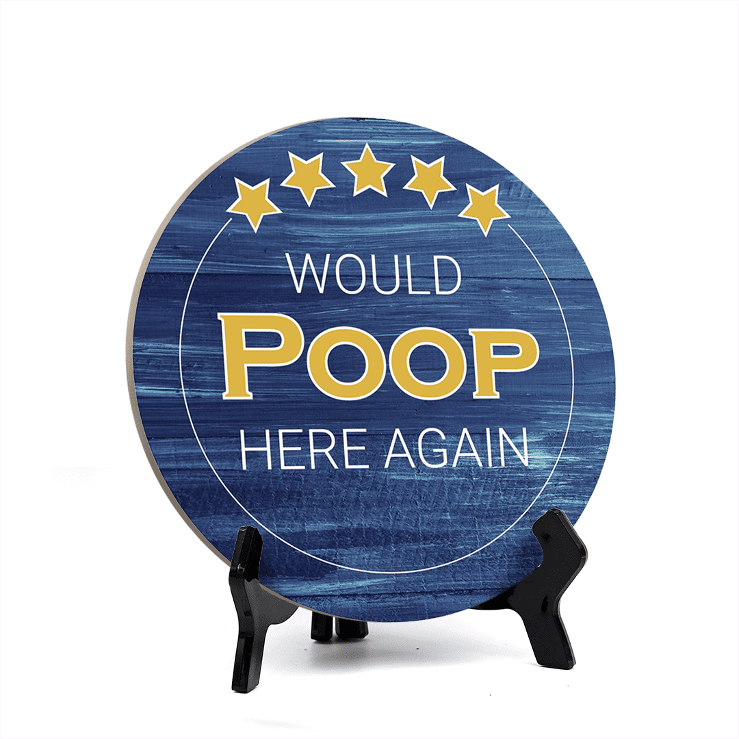 Dekor-Schild „5 Star Review Would Poop Here Again“ – Rund, 12,7 X 12,7 Cm, Mit Staffelei, Witziges WC-Schild