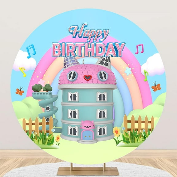 Round 6.5FT Rainbow Cat House Party Decorations Backdrop Cartoon Cat Theme Happy Birthday Party Banner Backdrop Photography Birthday Wall Background For Girls