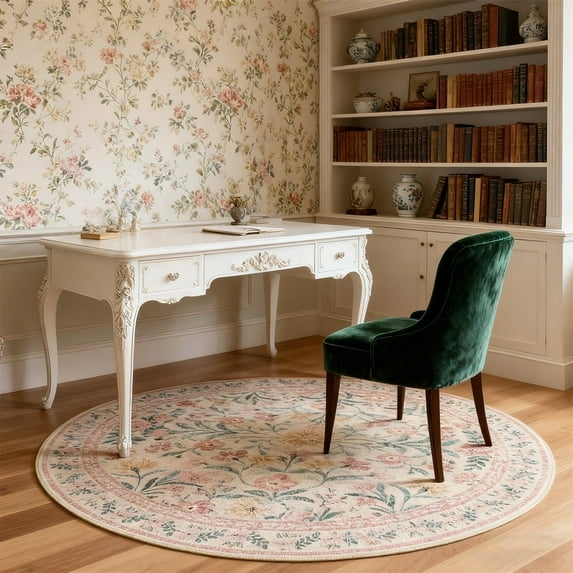 Round 6'x6' Washable Area Rug, Soft Floral Bedroom Rug, Bohemian Non-slip Living Room Rug, Pink Floral