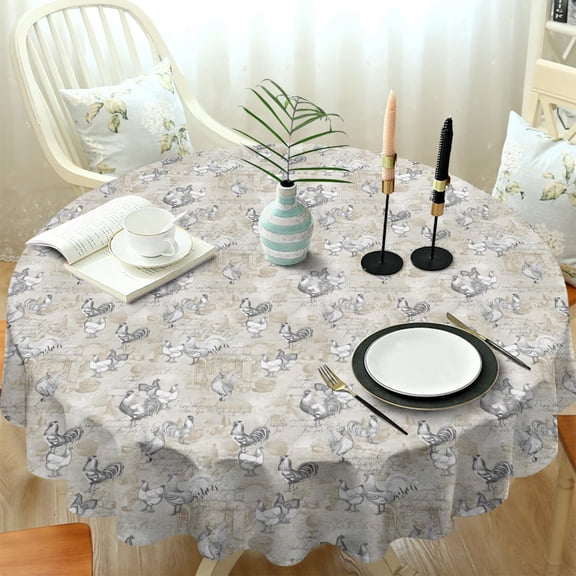 Round 60 x 60 Inch Washable Reusable Waterproof Table Cloth,French Country Rooster Print Table Cover for Farmhouse/Town Decoration