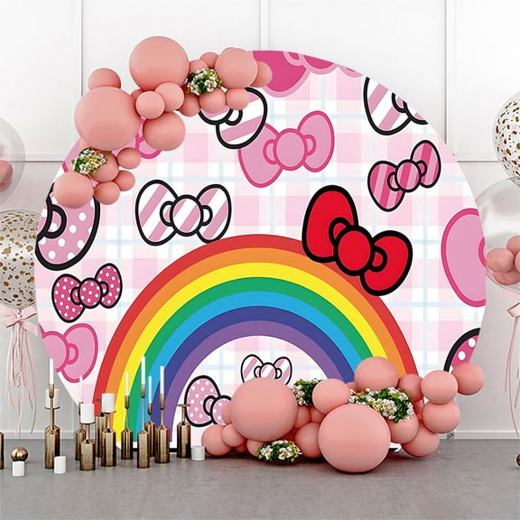 Round 7.2ft Pink Rainbow Bow Birthday Backdrop for Girls Party Supplies Cute Bow Design Photo Background Decorations