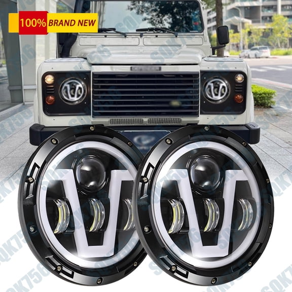 Round 7inch LED Headlights Halo Hi/Lo Beam For Range Rover Defender 90 110