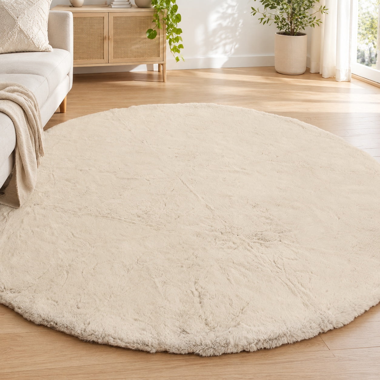 Round 8ft Light Brown Beige Washable Fluffy Shag Area Rug Large Circle ...