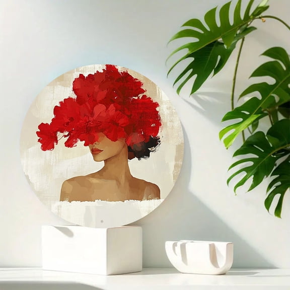 Round 8x8 Inch Vintage Beautiful Women with Flower Decor Wall Decor Aluminum Wall Art Decor for Home, Porch, and Window