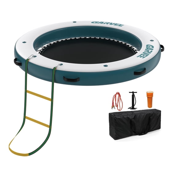 Round 8x8FT Inflatable Floating Dock, Floating Dock Water Platform with Mesh Swim Area,Non-Slip EVA Platform and Rope Ladder,Boats,Pool,Beach,Ocean