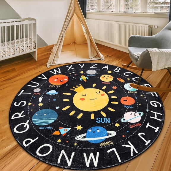 Round ABC Kids Rug,4 Ft Soft Circle Alphabet Playroom Rug,Washable Non-Slip Solar System Kid Play mat,Space Educational Rugs Kids Carpet for Classroom Playroom Bedroom Kids Room Decor(for Age 2+)