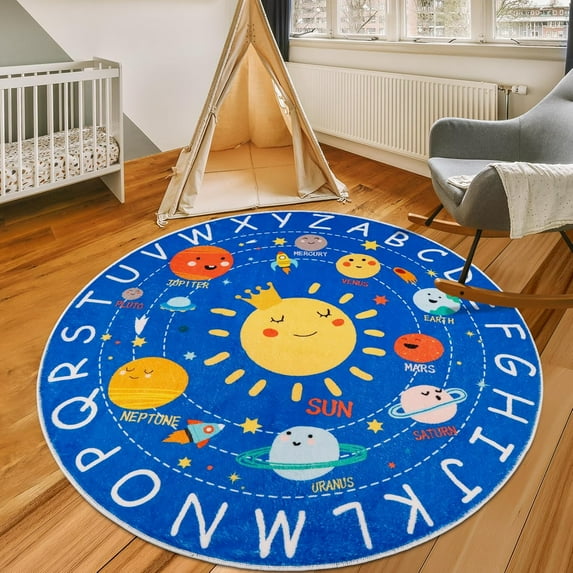 Round ABC Kids Rug,4 Ft Soft Circle Alphabet Playroom Rug,Washable Non-Slip Solar System Kids Play Rug,Space Educational Rug Kids Carpet for Classroom Playroom Bedroom Kids Room Decor