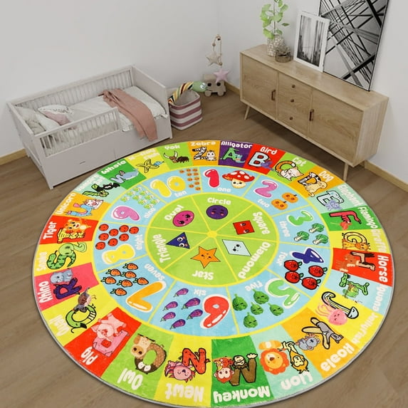Round ABC Kids Rug Plush, 4' Fluffy Educational Playmat Rug Carpet Alphabet Animal Number Shape Faux Wool Early Learning Carpet for Children Playroom Game Area Playmat Preschool Kindergarten