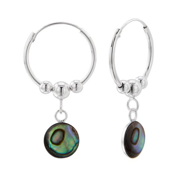 Round Abalone Charm 925 Sterling Silver Hoop Earrings