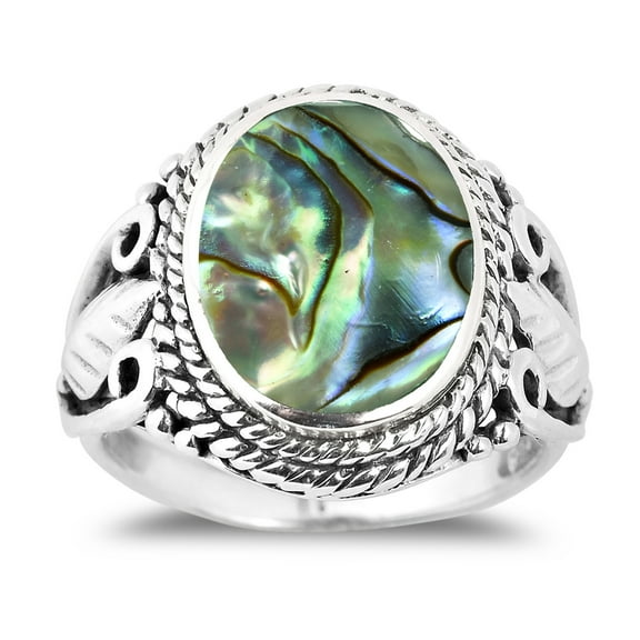 Round Abalone Shell with Leaf Accents Sterling Silver Ring for Female Anniversary– 8