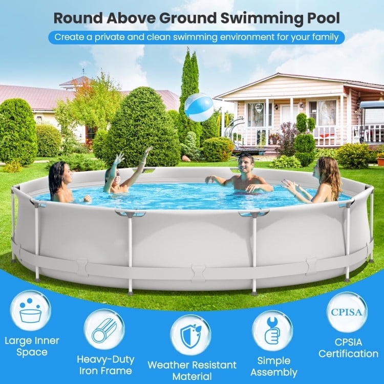 Gray Round Above Ground Swimming Pool with Iron Frame and Pool Cover
